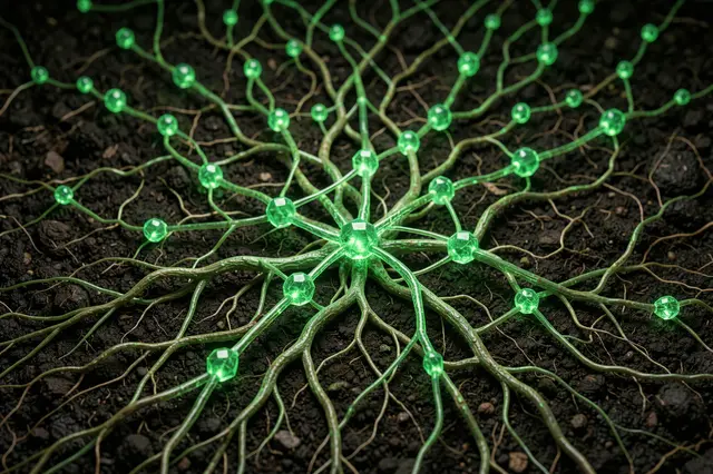 Glowing emerald node neural network grows like interwoven roots across dark rich soil