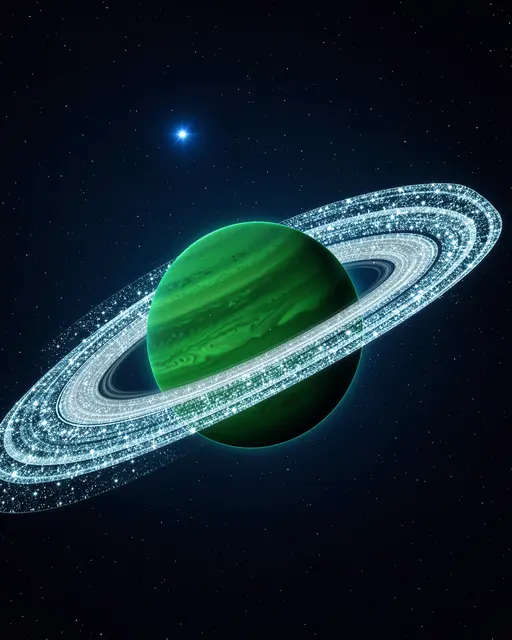 An emerald green ringed planet with glittering ice rings sits below a distant bright blue star in dark starry space