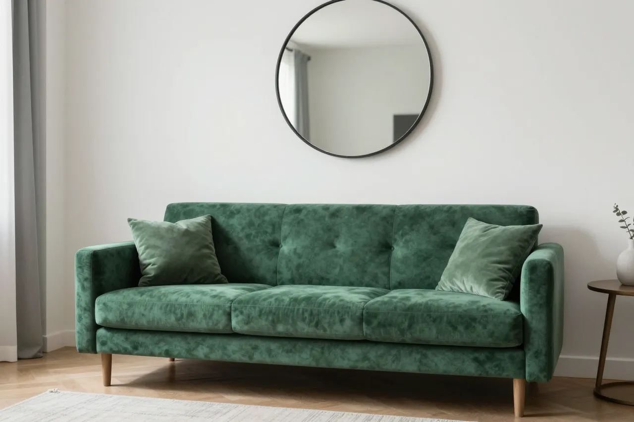A plush emerald velvet sofa sits below a round black-framed mirror in a minimalist apartment living room