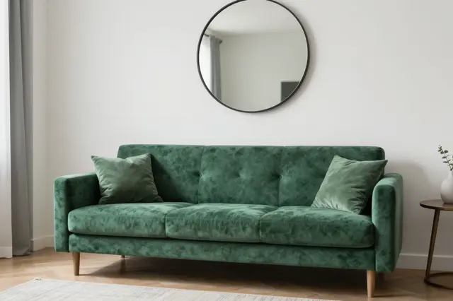 A plush emerald velvet sofa sits below a round black-framed mirror in a minimalist apartment living room
