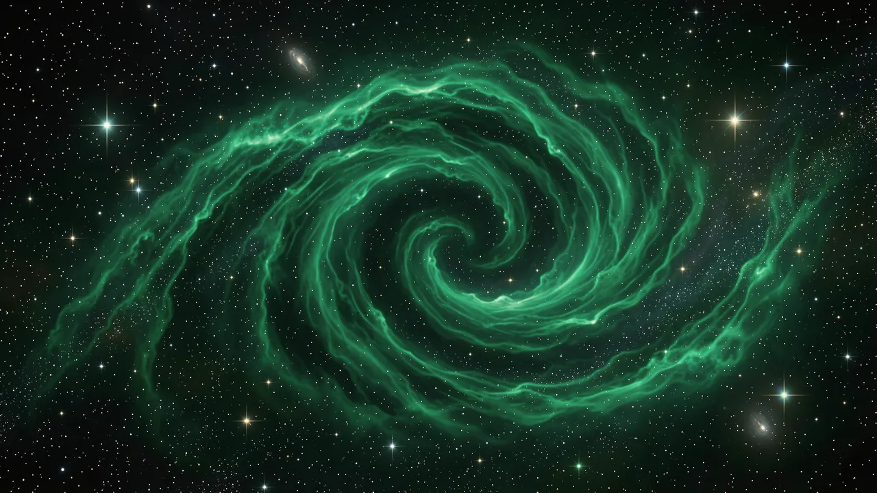 Swirling emerald green nebula curls like a wave across a dark deep space field of scattered stars
