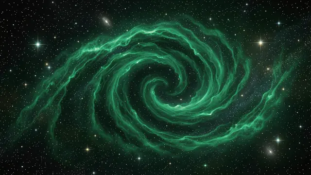 Swirling emerald green nebula curls like a wave across a dark deep space field of scattered stars