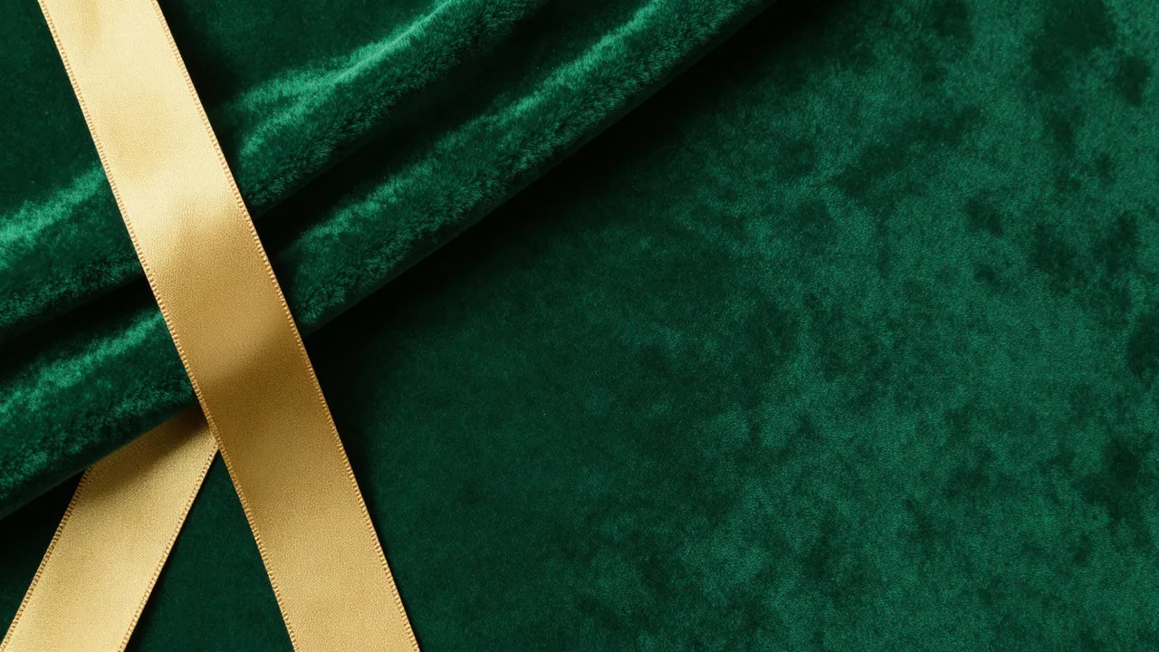 Folded emerald velvet fabric with a gold satin ribbon in the corner and large empty copy space