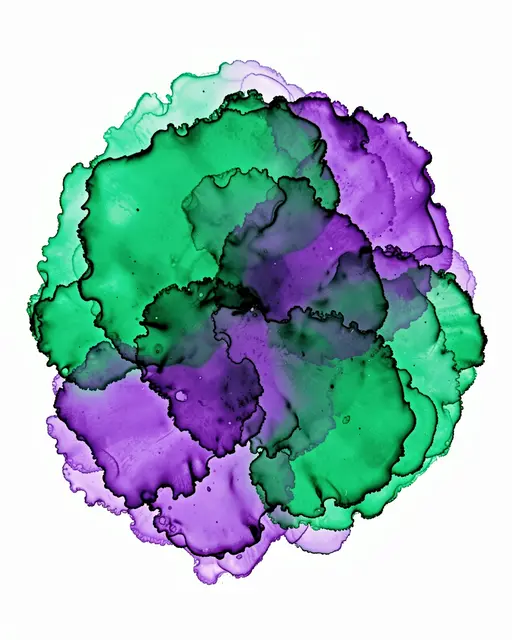 Circular abstract alcohol ink bloom of overlapping emerald green and violet purple on a plain white background
