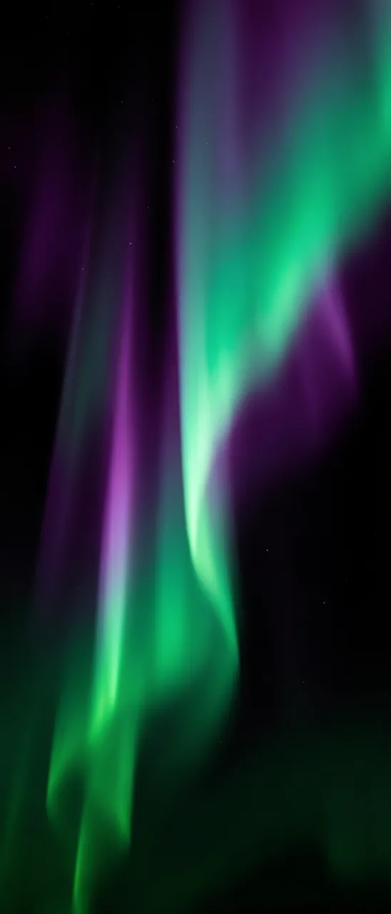 Flowing emerald green and violet aurora light curtains drift across a dark starry black sky