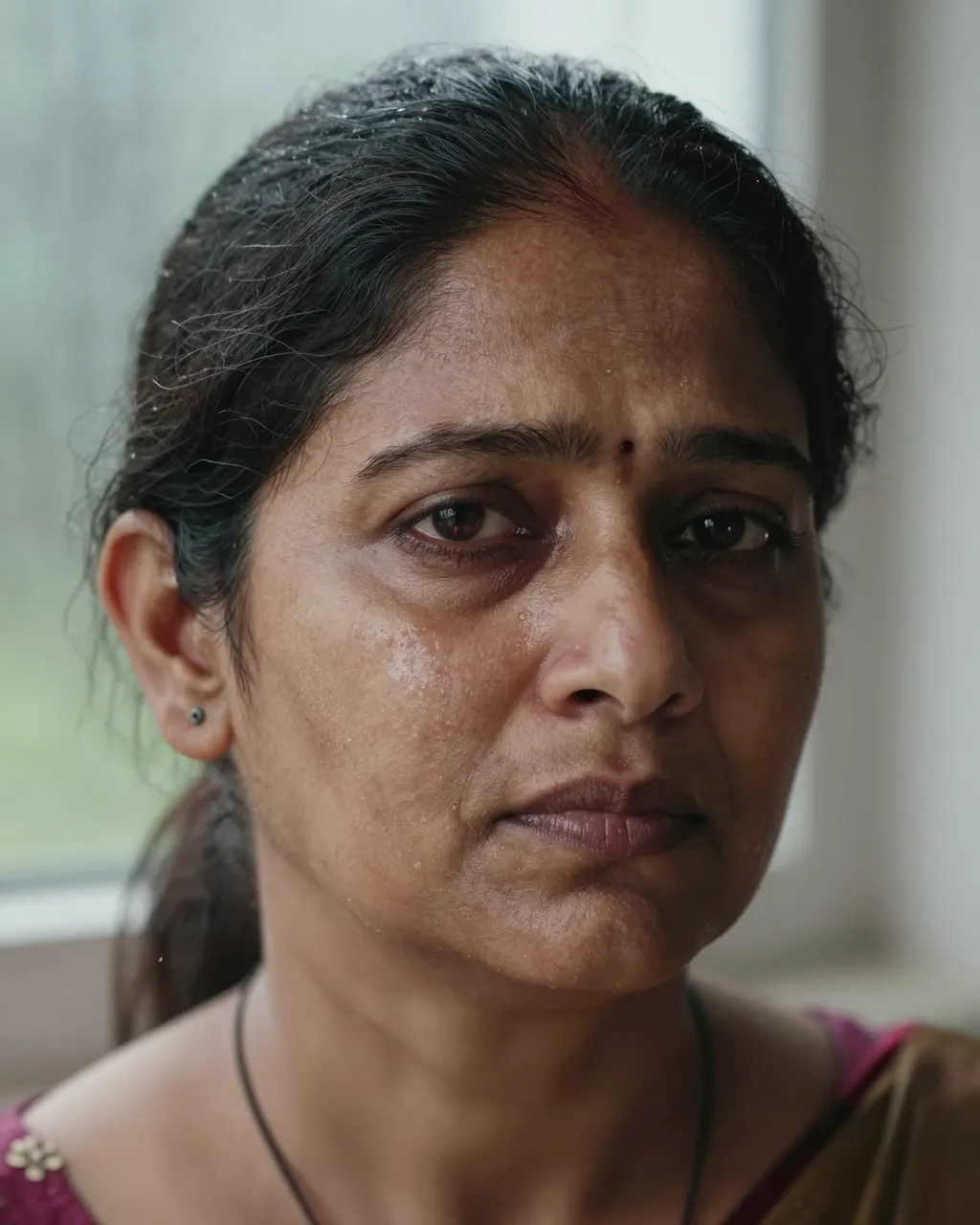 Close-up portrait of a tearful South Asian woman in her forties beside a rainy window