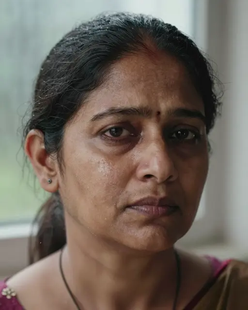Close-up portrait of a tearful South Asian woman in her forties beside a rainy window