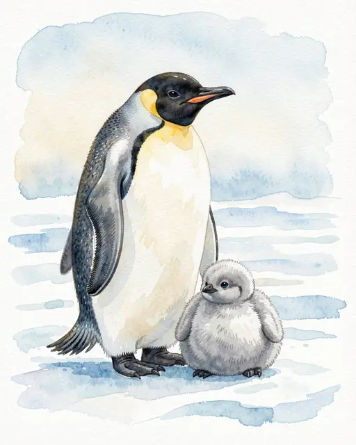 Watercolor illustration of an adult emperor penguin standing beside its fluffy gray chick on arctic ice