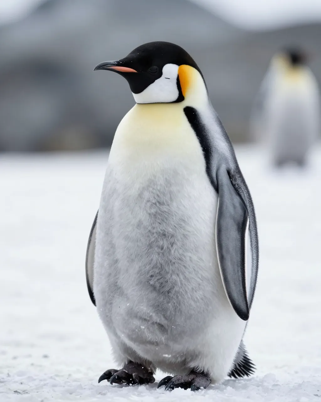 Emperor penguin with soft gray belly feathers stands upright on snowy antarctic ground with a blurred penguin in the