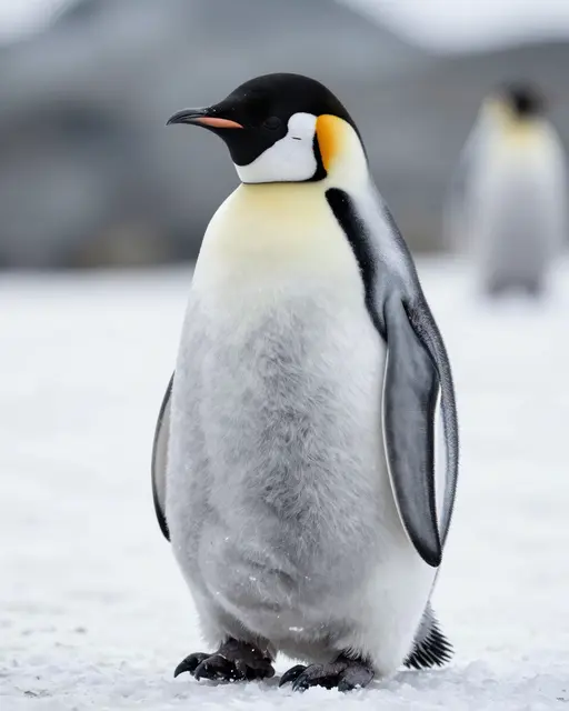 Emperor penguin with soft gray belly feathers stands upright on snowy antarctic ground with a blurred penguin in the