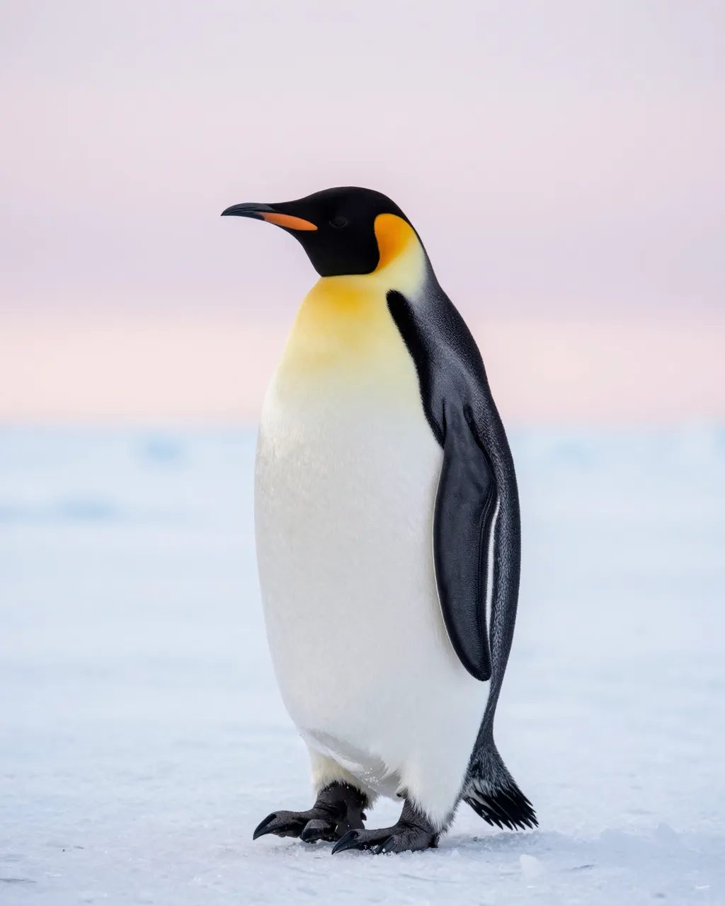 A single emperor penguin stands upright on flat sea ice beneath a soft pale pink sky.