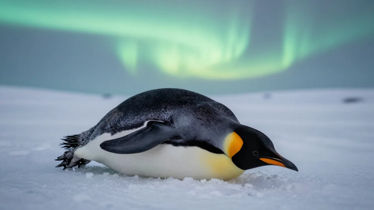 An emperor penguin slides on its belly across snow beneath glowing green polar aurora