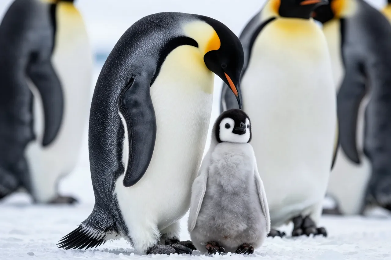 An adult emperor penguin stands gently over a fluffy gray chick on polar ice
