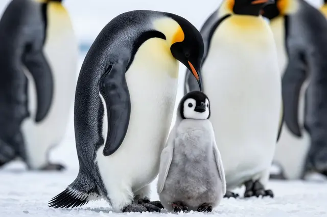 An adult emperor penguin stands gently over a fluffy gray chick on polar ice