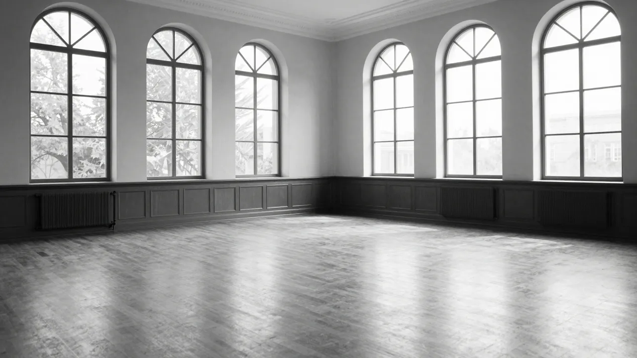 Black and white view of an empty polished ballroom with tall arched windows and pooling natural light.
