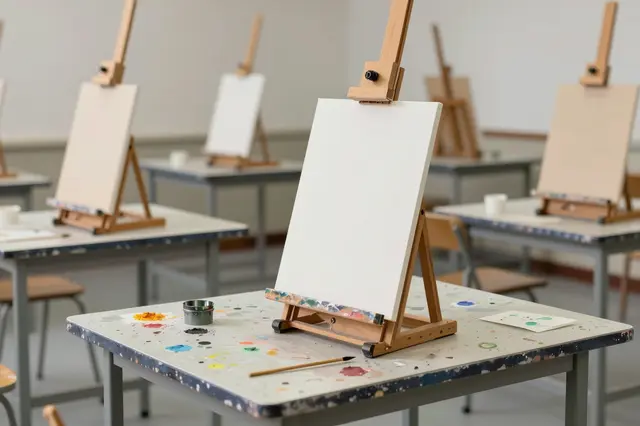 Empty art classroom lined with wooden easels, blank canvases, and paint-splattered worktables.