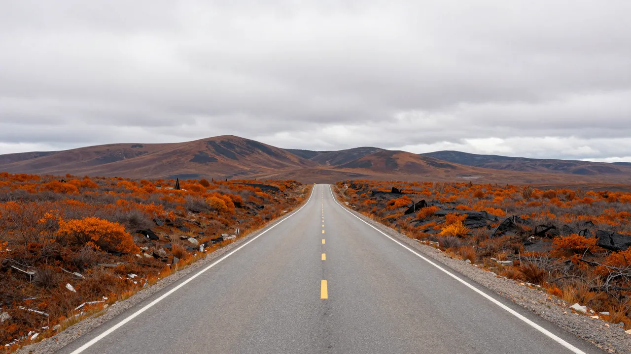 A straight empty paved road stretches through burnt orange autumn tundra toward low rolling hills under an overcast cloudy