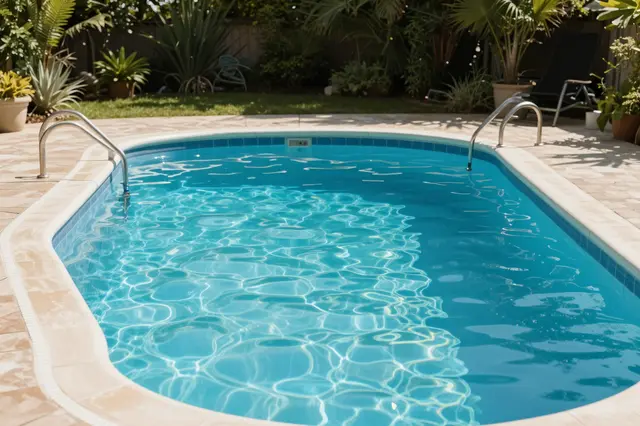 Unoccupied residential swimming pool with clear blue rippled water under bright morning sunlight