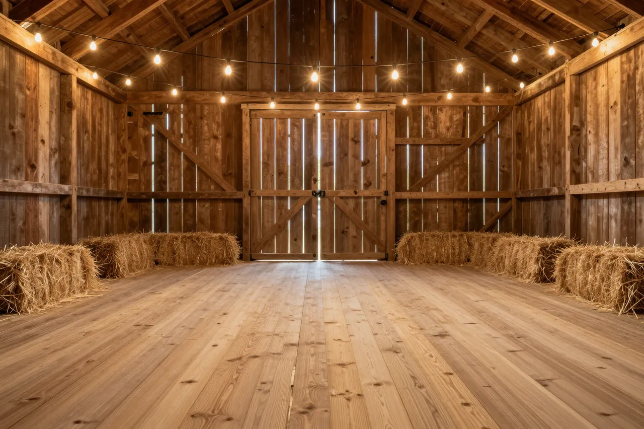 Empty wooden barn interior with string lights and hay bales lining the side walls