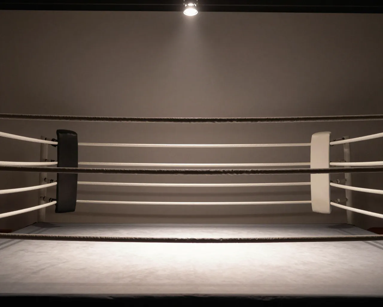 An unoccupied boxing ring sits illuminated by a single overhead spotlight against a plain neutral wall