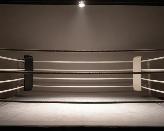 An unoccupied boxing ring sits illuminated by a single overhead spotlight against a plain neutral wall