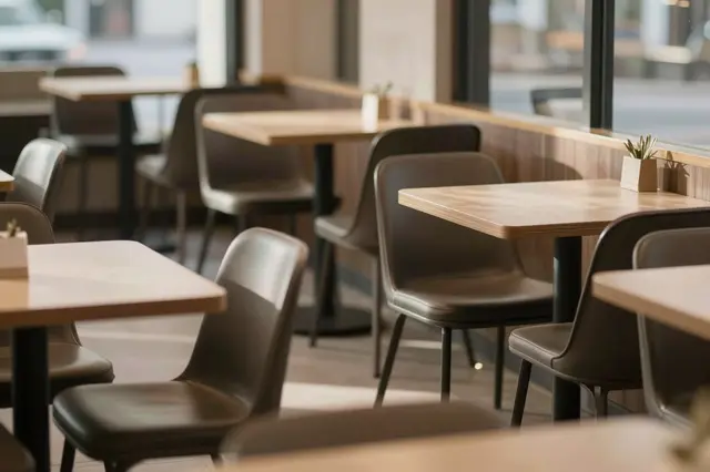 Sunlit empty cafe interior with rows of light wood tables and modern chairs by large windows