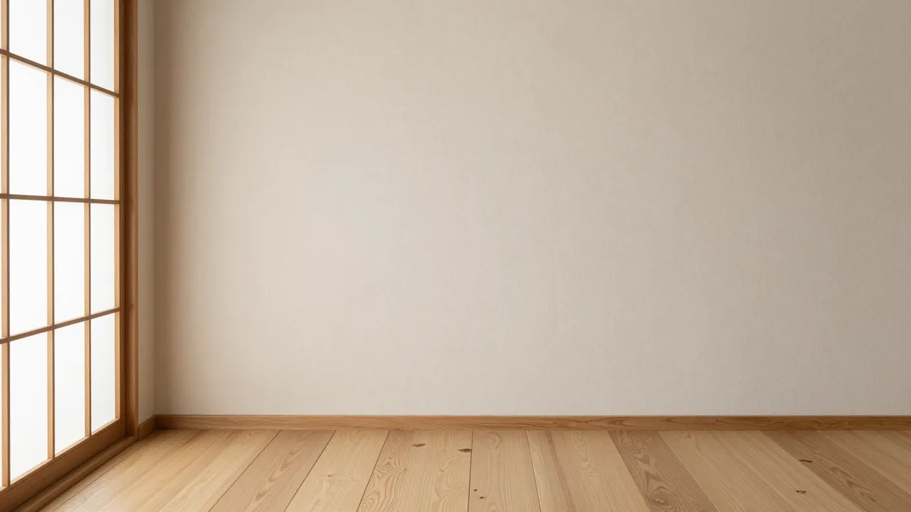 Unfurnished japandi room corner with light wood flooring, plain plaster wall, and grid window frame