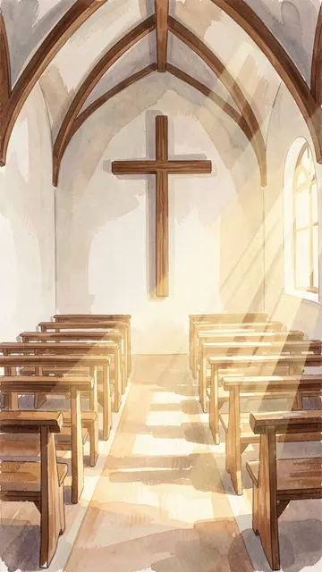 Gouache illustration of a small empty chapel interior with a wooden cross, pews, and sunbeams streaming through a window