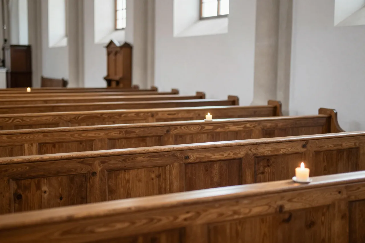 Rows of polished wooden church pews hold small lit candles beside light plaster walls and tall narrow windows.