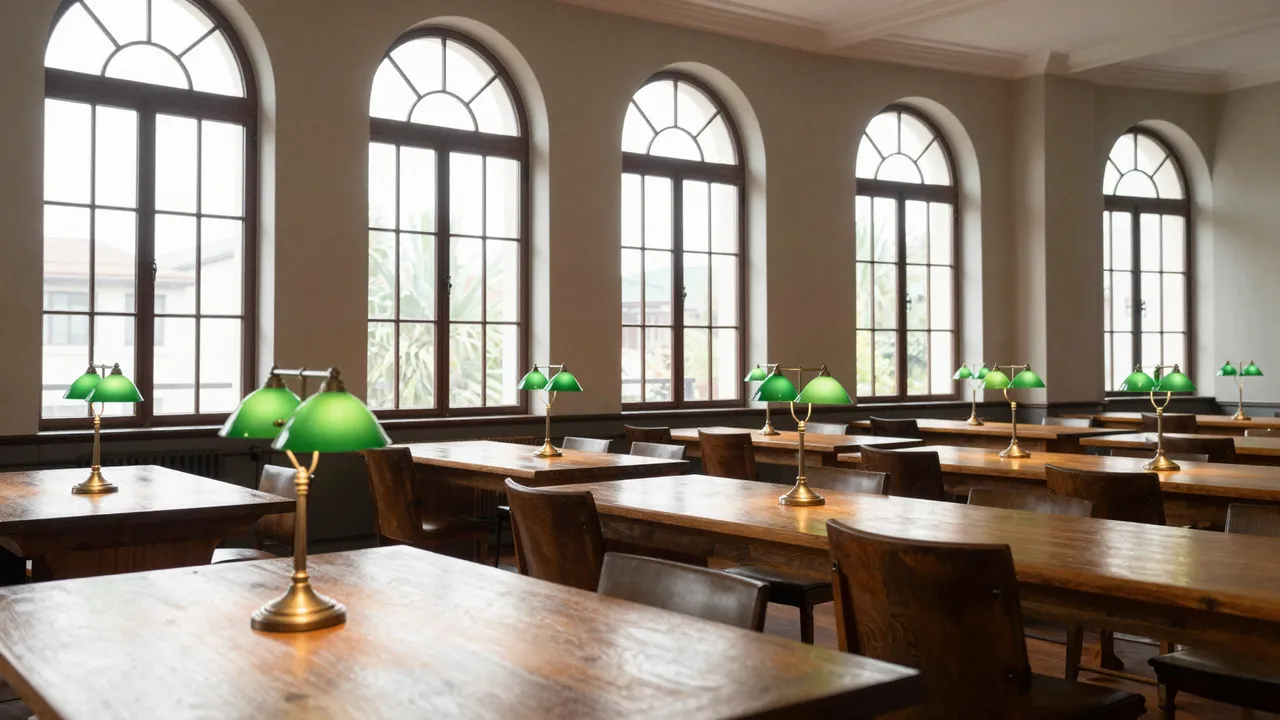 Sunlit empty reading room lined with tall arched windows, oak tables and green glass banker lamps