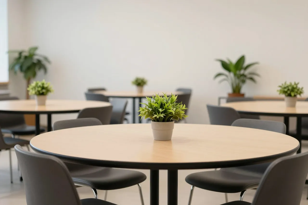 Empty bright classroom with round light wood tables, gray chairs and potted plants against plain walls