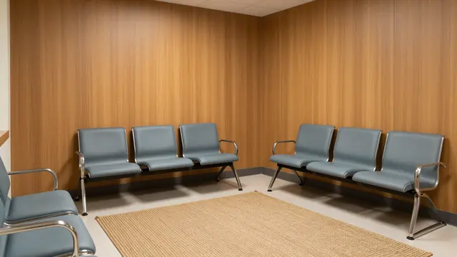 Unoccupied small clinic waiting room with wood panel walls, seating, a woven rug and soft daylight