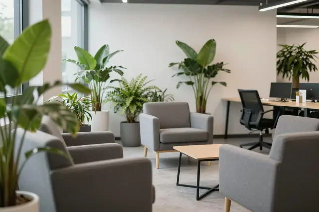 Bright empty co-working lounge lined with potted plants and gray fabric armchairs