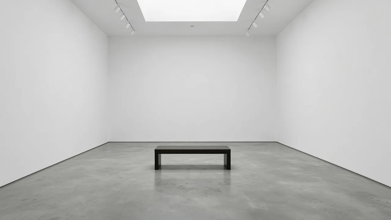 A stark empty museum gallery with blank white walls, a central dark bench, and overhead track lighting.