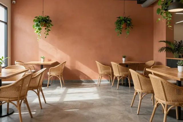 Sunlit empty coworking lounge with terracotta walls, rattan seating and trailing houseplants
