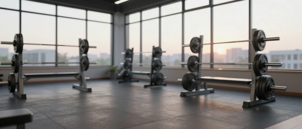 Unoccupied modern gym weight room lined with barbell racks as soft dawn light enters through large windows