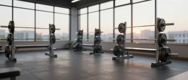 Unoccupied modern gym weight room lined with barbell racks as soft dawn light enters through large windows