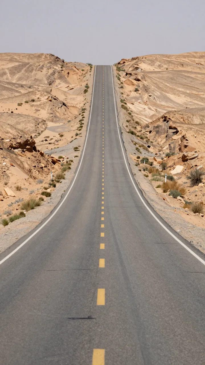 A straight empty paved desert road rises over rolling rocky hills under a pale midday sky