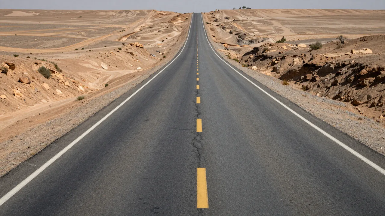 A long empty paved highway extends straight into the distance across arid desert terrain