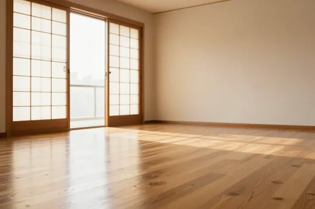 Empty room with polished cedar floor and glowing paper sliding doors in warm morning sunlight