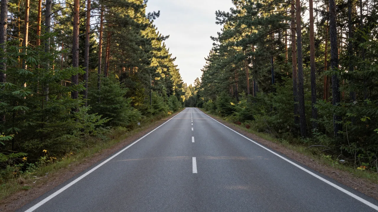 An empty paved two-lane road stretches straight through a dense pine forest under soft dawn light
