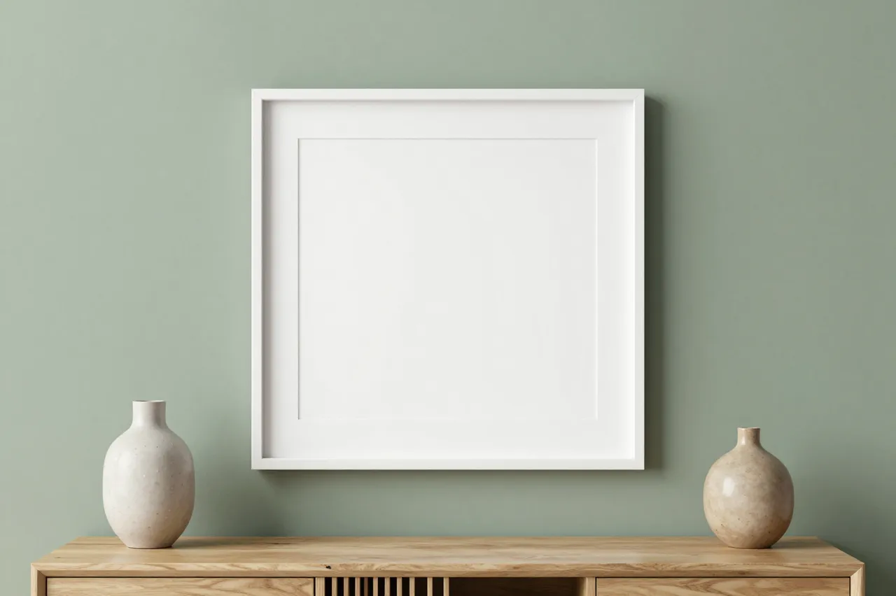 A blank white picture frame hangs above a wooden sideboard with two ceramic vases against a sage green wall.