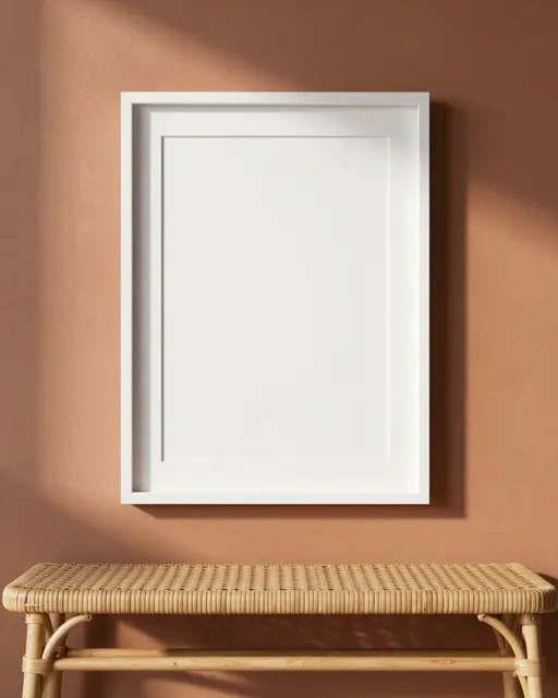 Blank white picture frame hangs on a warm terracotta wall above a rattan bench in soft afternoon light