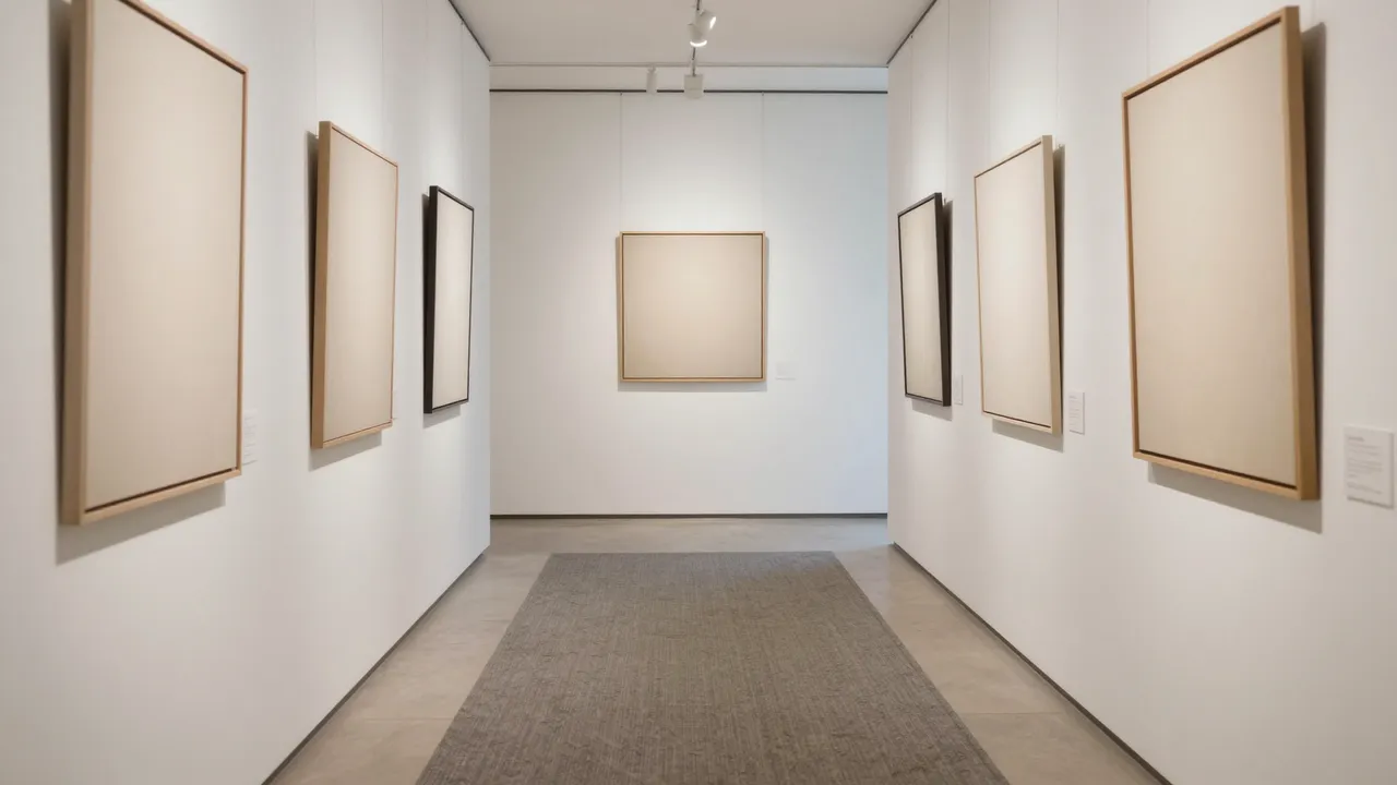 A minimalist art gallery hallway lined with blank framed canvases and a long runner rug under track lighting