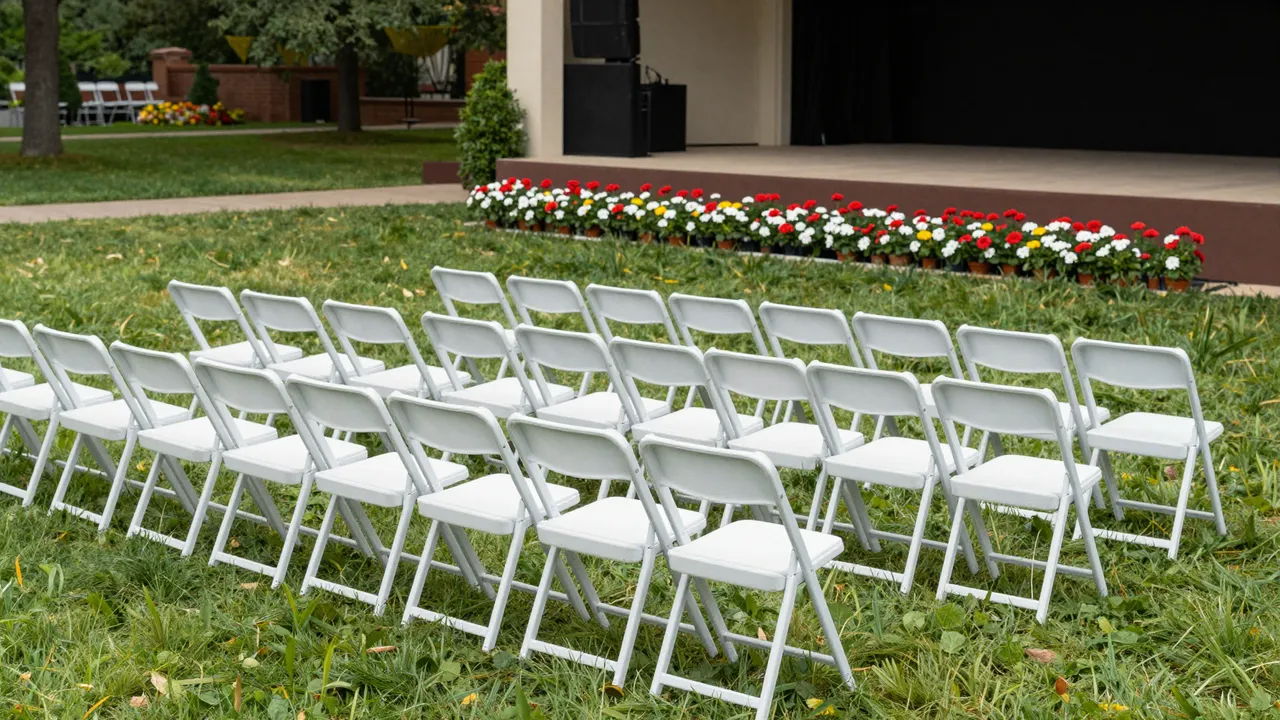 Rows of white folding chairs face a flower-decorated outdoor stage on a grassy lawn with no people present