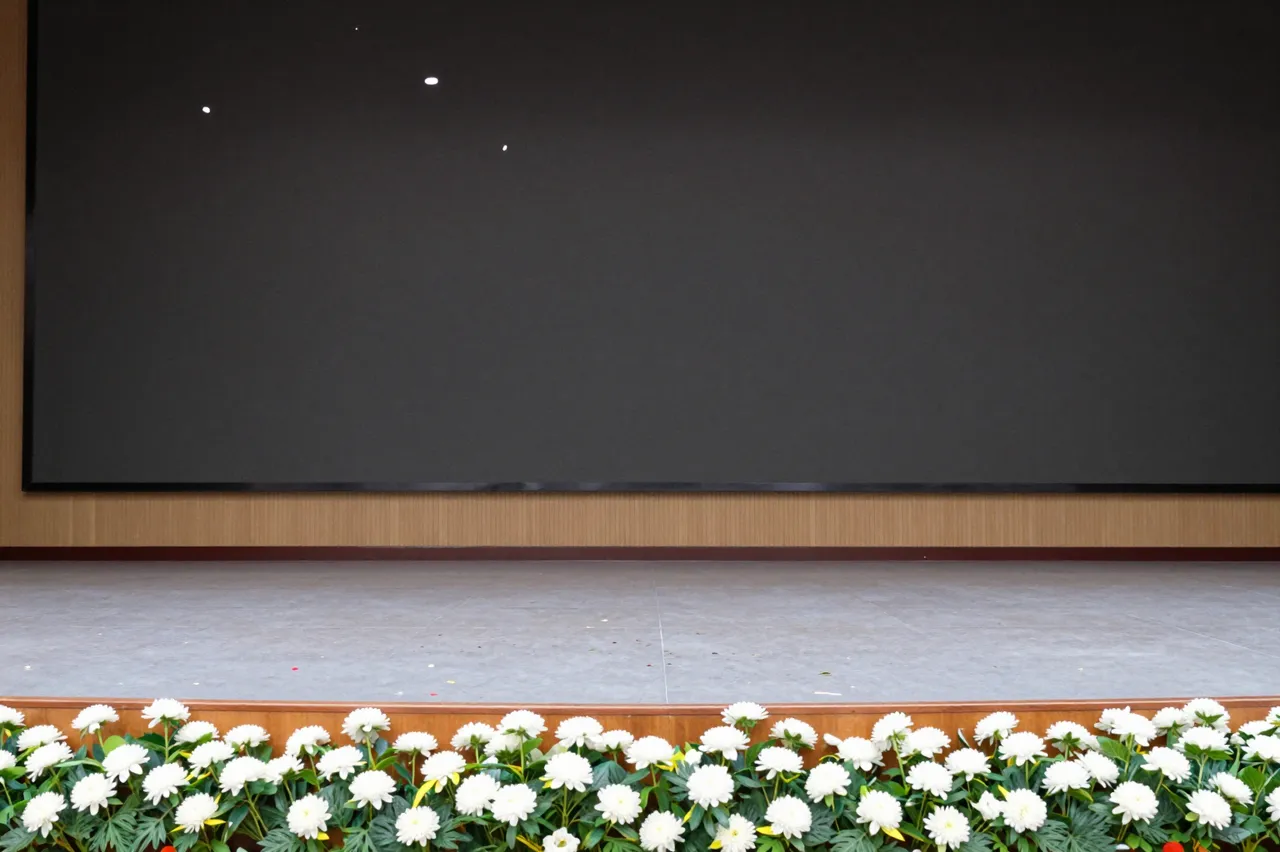 An empty stage decorated with rows of white flowers has falling confetti in front of a blank dark screen.
