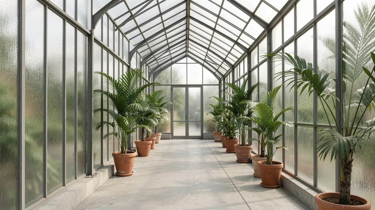 Symmetrical empty greenhouse corridor lined with potted palms along misted glass walls