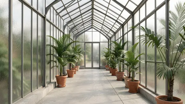 Symmetrical empty greenhouse corridor lined with potted palms along misted glass walls
