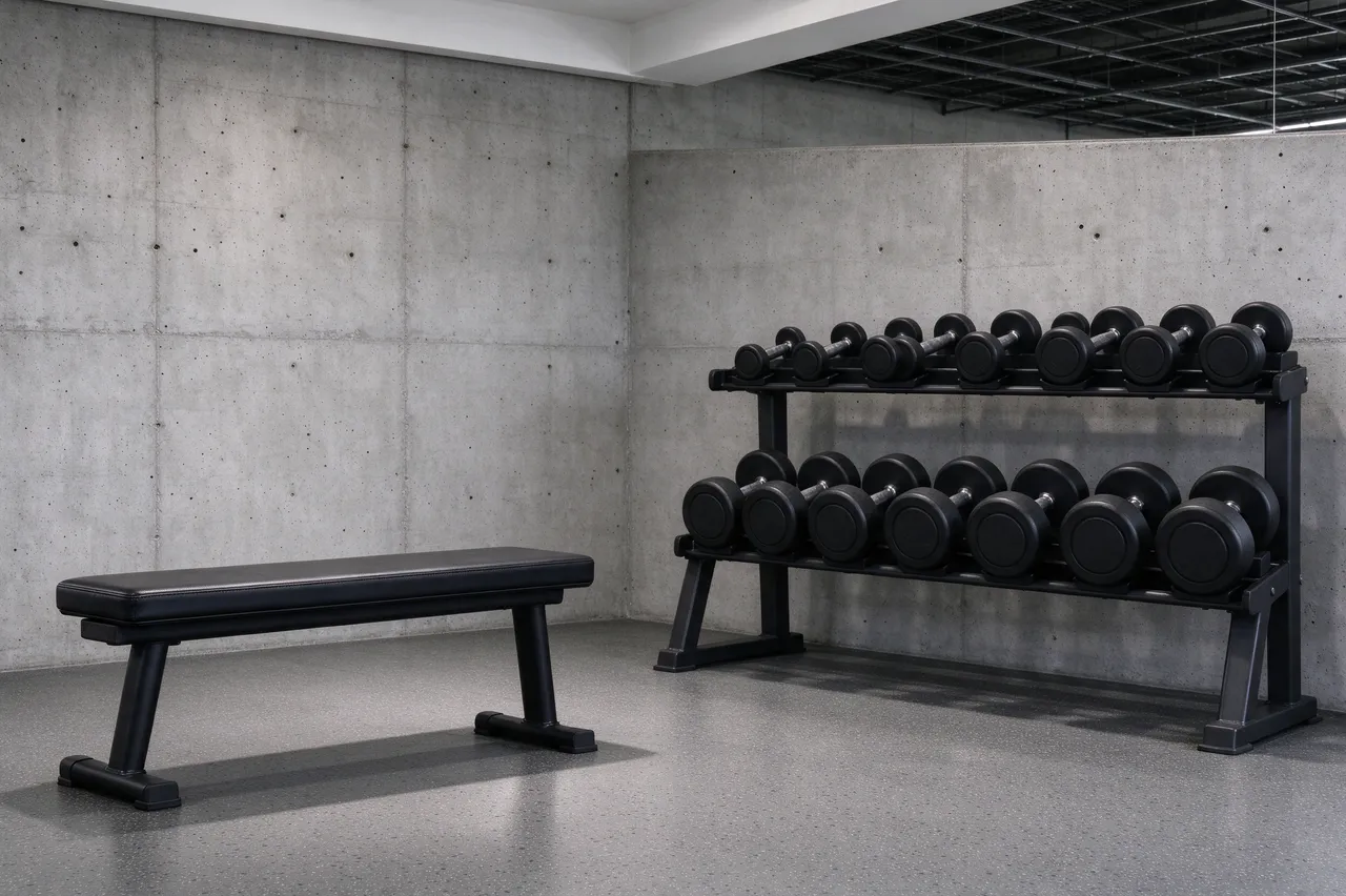 Unused gym corner holding a flat black workout bench and a two-tier dumbbell rack against a concrete wall