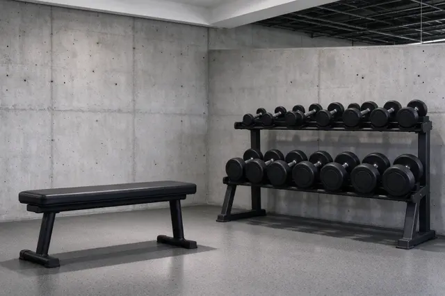 Unused gym corner holding a flat black workout bench and a two-tier dumbbell rack against a concrete wall